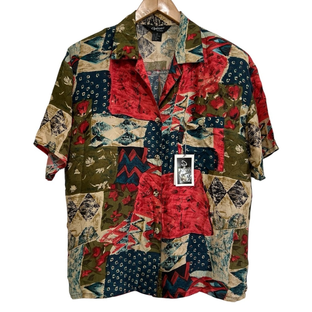 NWT 90s Options Melrose Sueded Silk Button Down Shirt Artsy Patchwork Medium